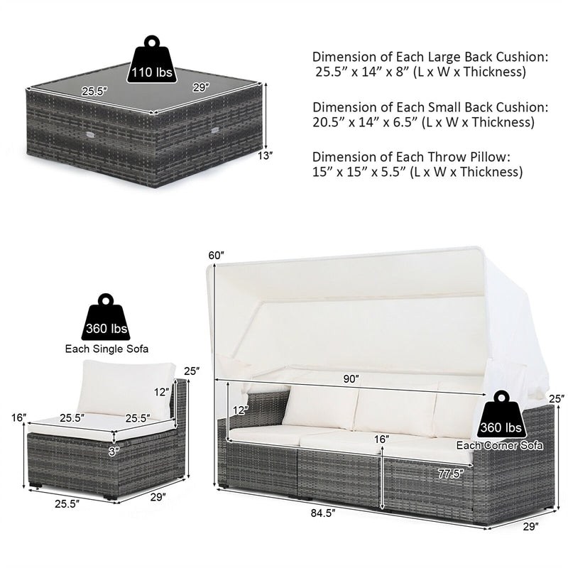 6PCS Rattan Patio Furniture Set with Retractable Canopy, 3-Seat Daybed Sofa, Cushions & Glass Coffee Table, All-Weather Outdoor Sectional Sofa Set