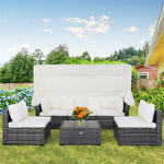 6PCS Rattan Patio Furniture Set with Retractable Canopy, 3-Seat Daybed Sofa, Cushions & Glass Coffee Table, All-Weather Outdoor Sectional Sofa Set