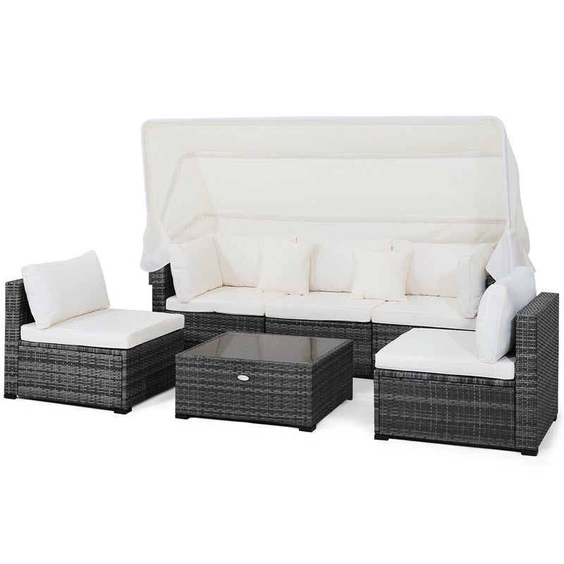 6PCS Rattan Patio Furniture Set with Retractable Canopy, 3-Seat Daybed Sofa, Cushions & Glass Coffee Table, All-Weather Outdoor Sectional Sofa Set