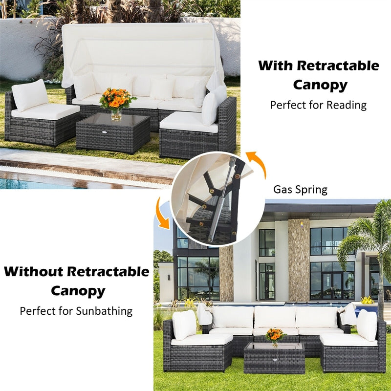 6PCS Rattan Patio Furniture Set with Retractable Canopy, 3-Seat Daybed Sofa, Cushions & Glass Coffee Table, All-Weather Outdoor Sectional Sofa Set