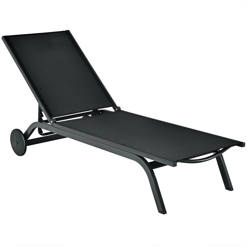 Outdoor Chaise Lounge Aluminum Patio Lounge Chair Reclining Pool Chair with Wheels & 6-Position Adjustable Backrest for Beach Yard