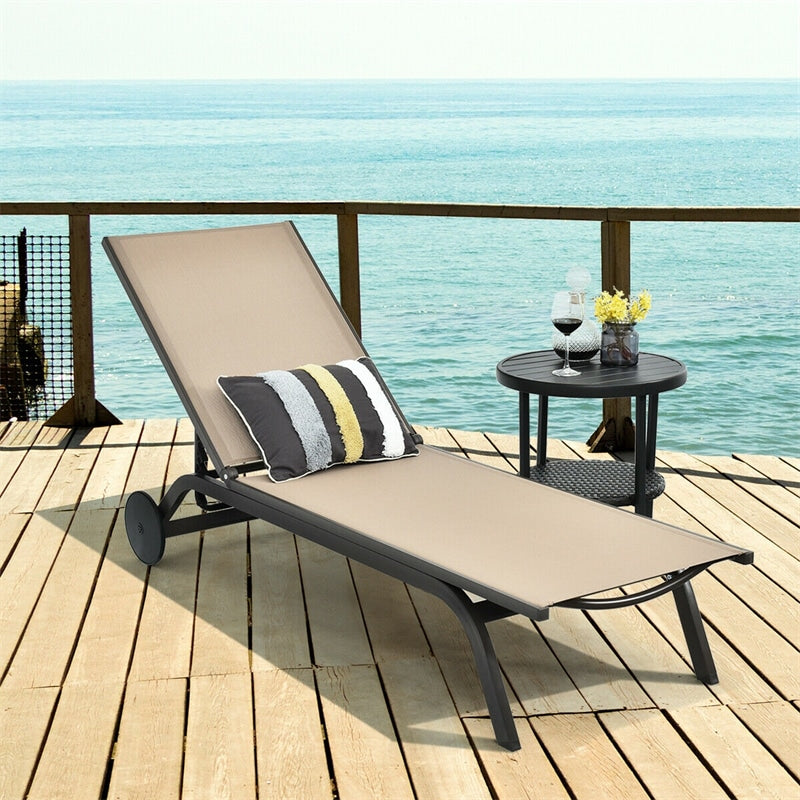 Outdoor Chaise Lounge Aluminum Patio Lounge Chair Reclining Pool Chair with Wheels & 6-Position Adjustable Backrest for Beach Yard