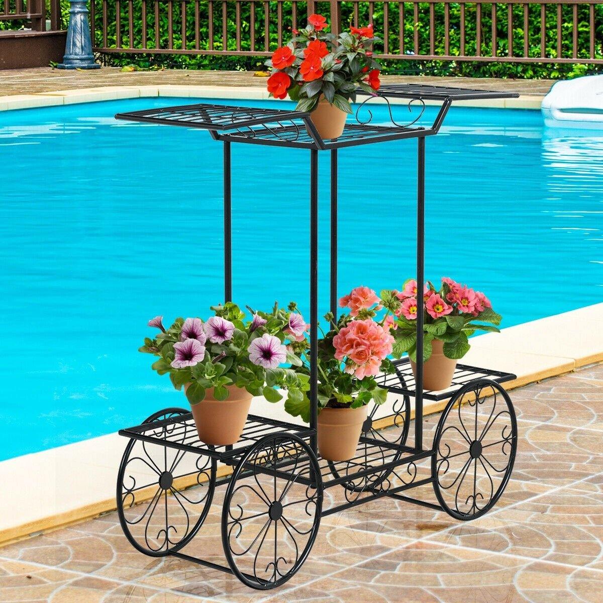 6-Tier Outdoor Garden Cart Metal Flower Rack Display Stand with 4 Wheels - Bestoutdor