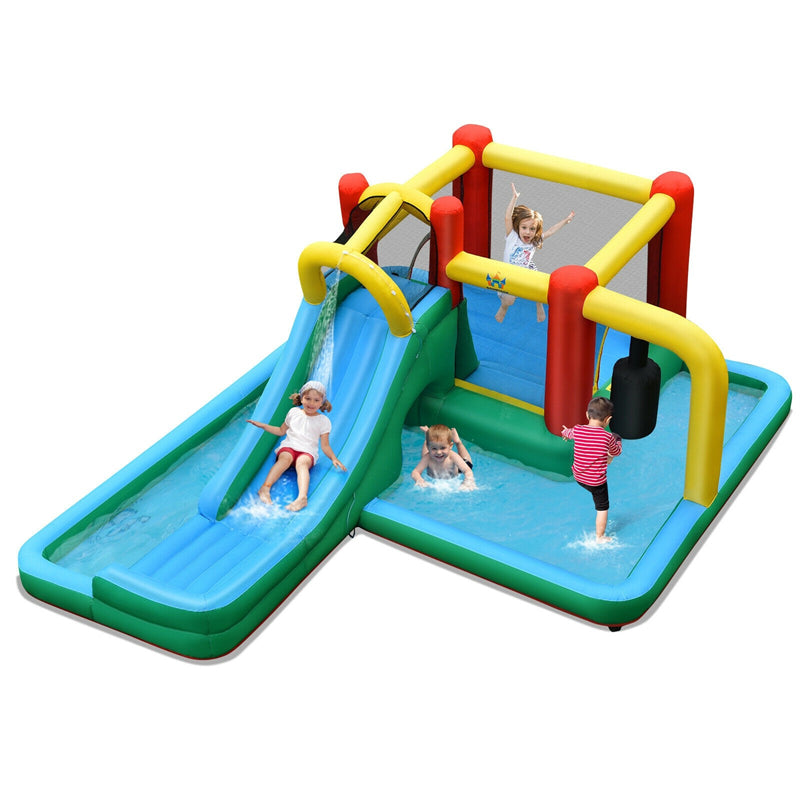 Inflatable Water Slide 6 in 1 Giant Jumping Bounce House Splash Pool Water Park with Crawling Tunnel, Pendulum for Kids Backyard Fun