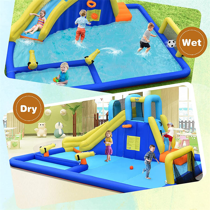 Inflatable Water Slide 6-in-1 Kids Giant Waterslide Park with Dual Water Cannons, Soccer Goal, Splash Pool, Climbing Wall & 735W Air Blower