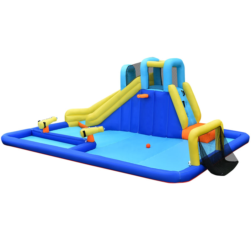 Inflatable Water Slide 6-in-1 Kids Giant Waterslide Park with Climbing Wall, Dual Water Cannons, Soccer Goal, Splash Pool without Blower