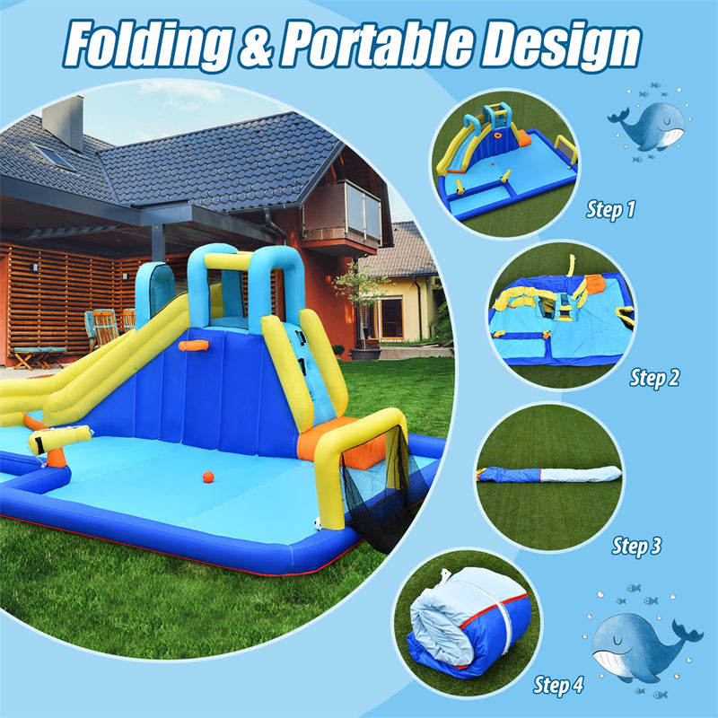 Inflatable Water Slide 6-in-1 Kids Giant Waterslide Park with Climbing Wall, Dual Water Cannons, Soccer Goal, Splash Pool without Blower