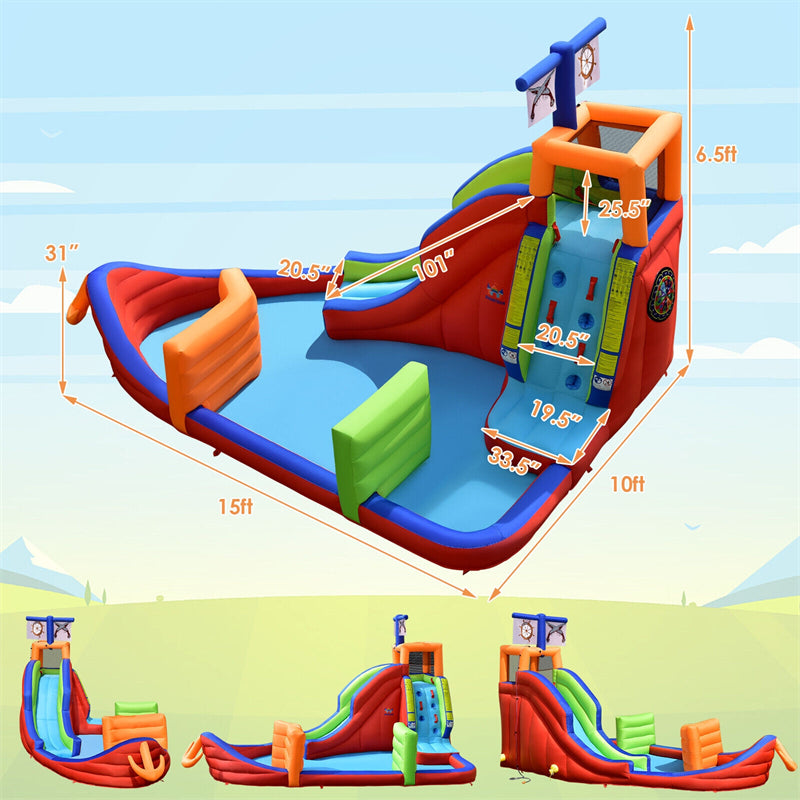 6-in-1 Pirate Ship Giant Water Park Kids Inflatable Water Slide Water Guns with 735W Blower