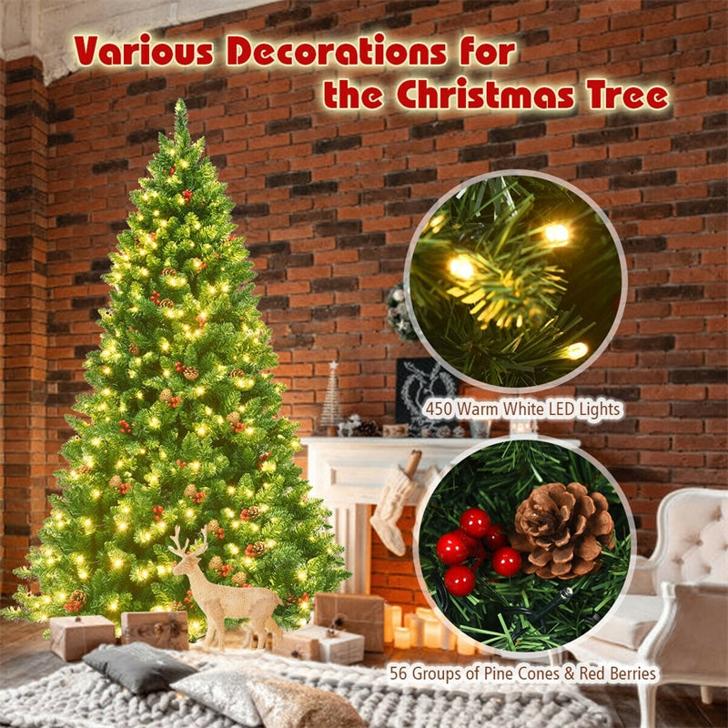 6.5FT Pre-Lit Hinged Christmas Tree 1100 Branch Tips with 450 LED Lights & Metal Stand