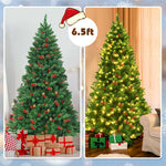 6.5FT Pre-Lit Hinged Christmas Tree with 450 LED Lights, Pine Cones, Red Berries, 1100 Branch Tips & Sturdy Metal Stand for Holiday Home Decor