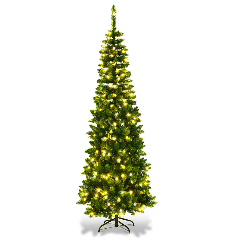 6.5FT Pre-Lit Pencil Christmas Tree with 250 LED Lights, 708 PVC Branch Tips & Solid Metal Stand, Artificial Slim Hinged Xmas Tree for Festival Decor