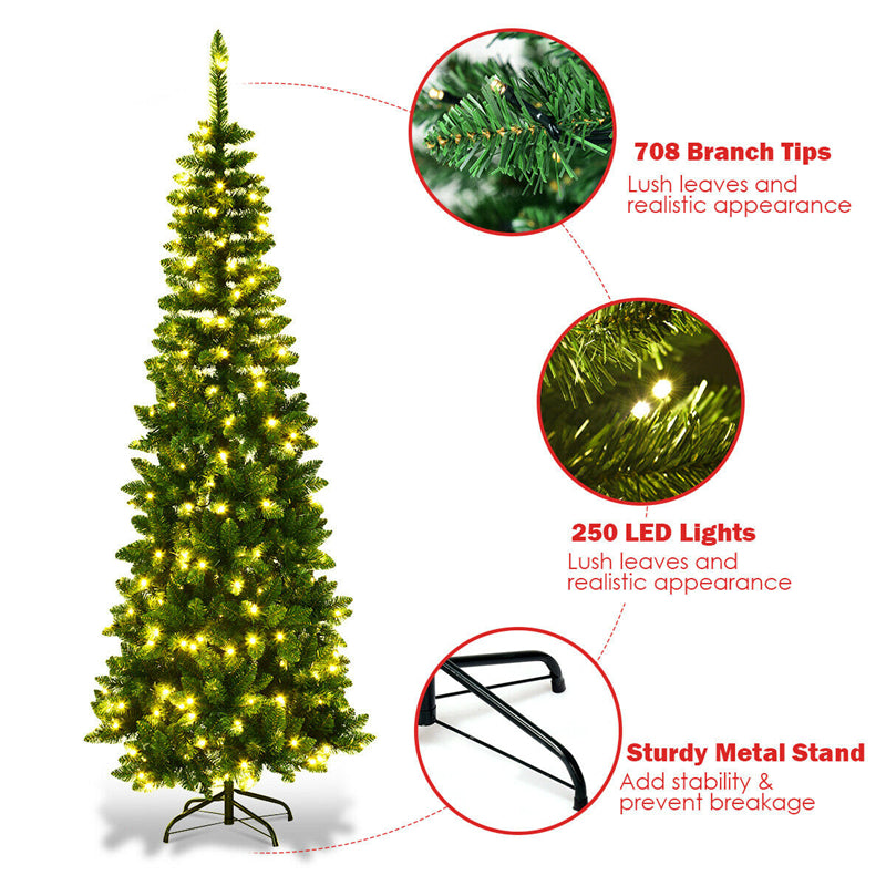 6.5FT Pre-Lit Pencil Christmas Tree with 250 LED Lights, 708 PVC Branch Tips & Solid Metal Stand, Artificial Slim Hinged Xmas Tree for Festival Decor