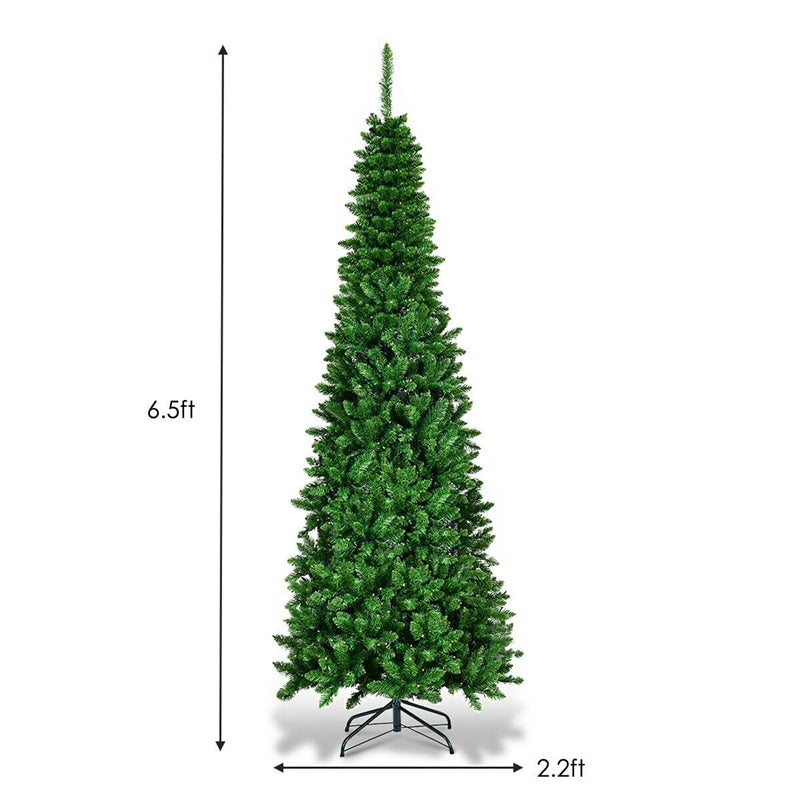 6.5FT Pre-Lit Pencil Christmas Tree with 250 LED Lights, 708 PVC Branch Tips & Solid Metal Stand, Artificial Slim Hinged Xmas Tree for Festival Decor