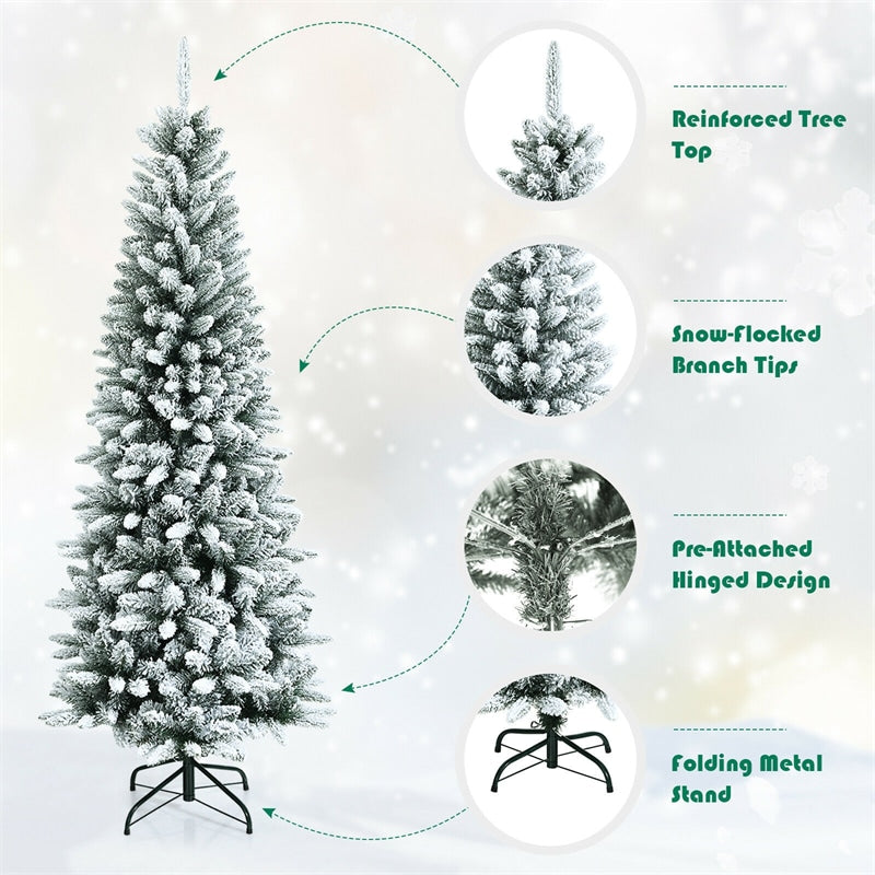 6.5ft Snow Flocked Pencil Christmas Tree Hinged Artificial Slim Xmas Tree with 829 Branch Tips & Metal Stand