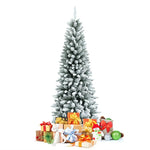 6.5ft Snow Flocked Pencil Christmas Tree Hinged Artificial Slim Xmas Tree with 829 Branch Tips & Metal Stand