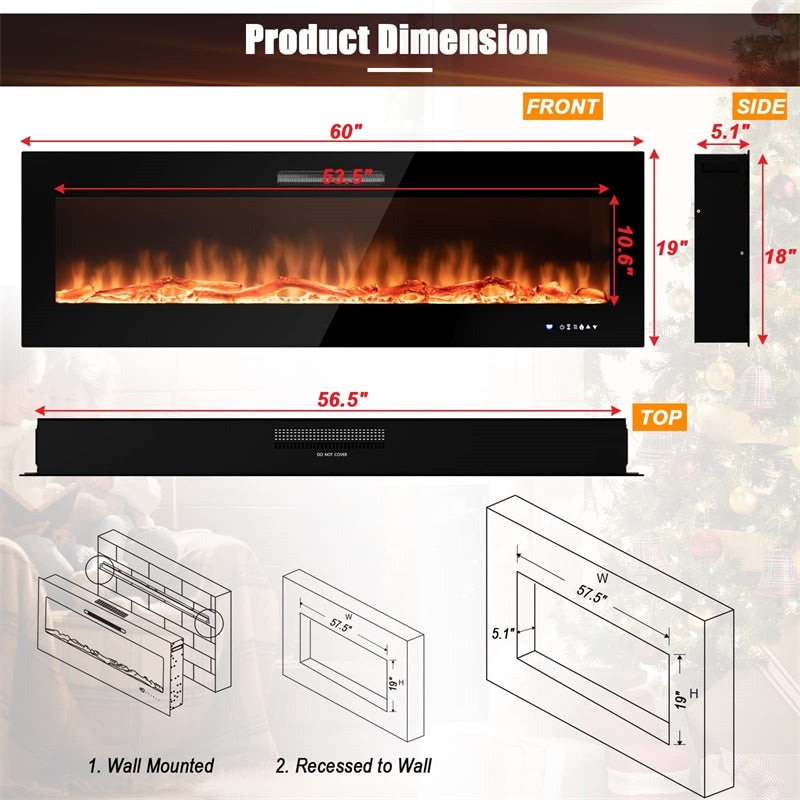 60" Electric Fireplace Insert 5000 BTU Wall Mounted Recessed Fireplace Heater with Decorative Crystal, 9-Color Adjustable Flame, Dual Control