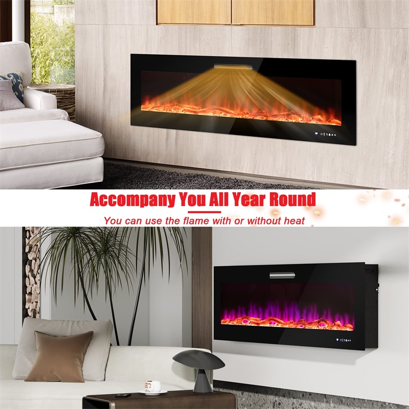 60" Electric Fireplace Insert 5000 BTU Wall Mounted Recessed Fireplace Heater with Decorative Crystal, 9-Color Adjustable Flame, Dual Control