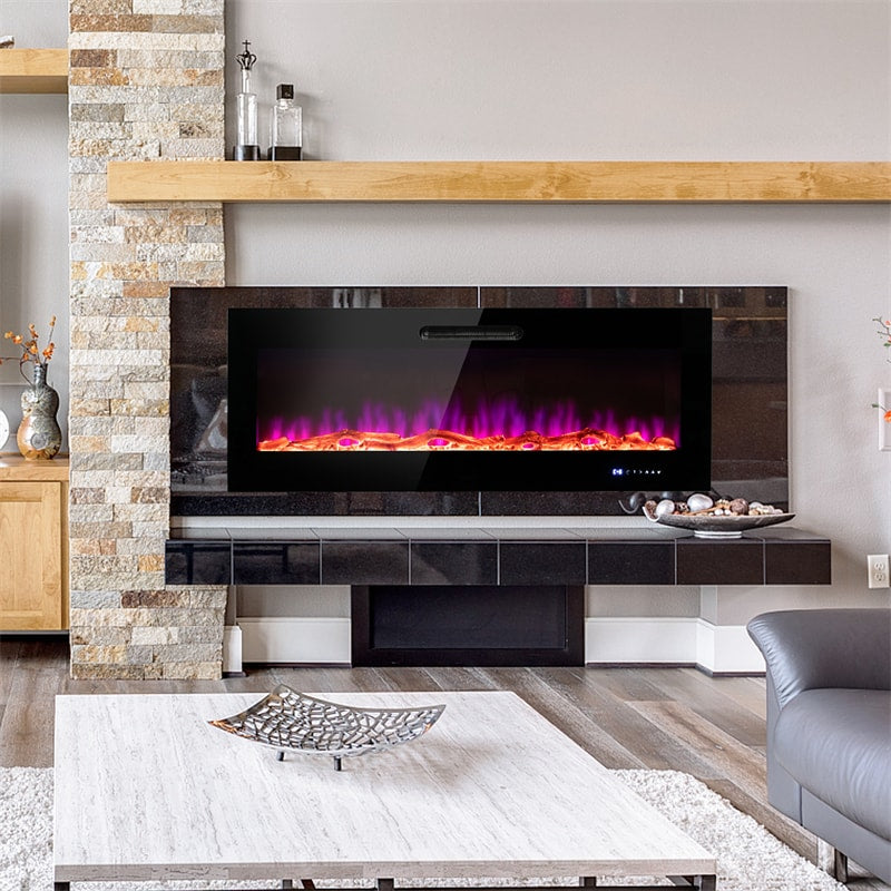 60" Electric Fireplace Insert 5000 BTU Wall Mounted Recessed Fireplace Heater with Decorative Crystal, 9-Color Adjustable Flame, Dual Control