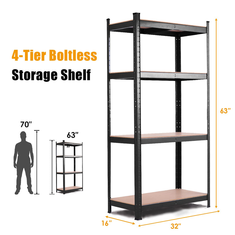 63" Heavy Duty Steel Garage Shelving Unit 4-Tier Adjustable Tool Storage Shelves Boltless Shelving Organizer Rack for Home Office Warehouse