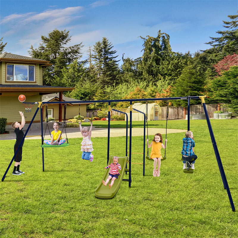 660 lbs Swing Set 7-in-1 Heavy Duty Swing Set Kids Backyard A-Frame Metal Swing Stand with 2 Swings, Fun Glider, Slide & Gym Rings