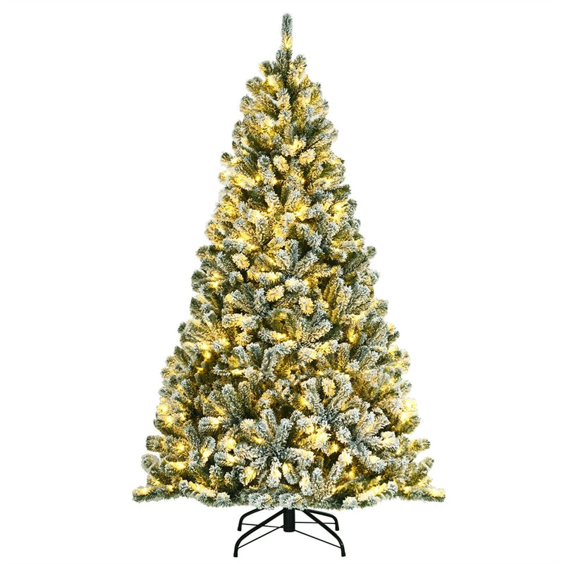 6FT Snow Flocked Christmas Tree Pre-Lit Hinged Artificial Xmas Tree with 250 LED Lights, 928 Branch Tips & Foldable Metal Stand for Home Party Decor