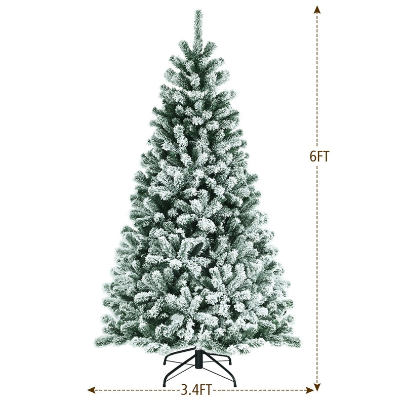 6FT Snow Flocked Christmas Tree Pre-Lit Hinged Artificial Xmas Tree with 250 LED Lights, 928 Branch Tips & Foldable Metal Stand for Home Party Decor