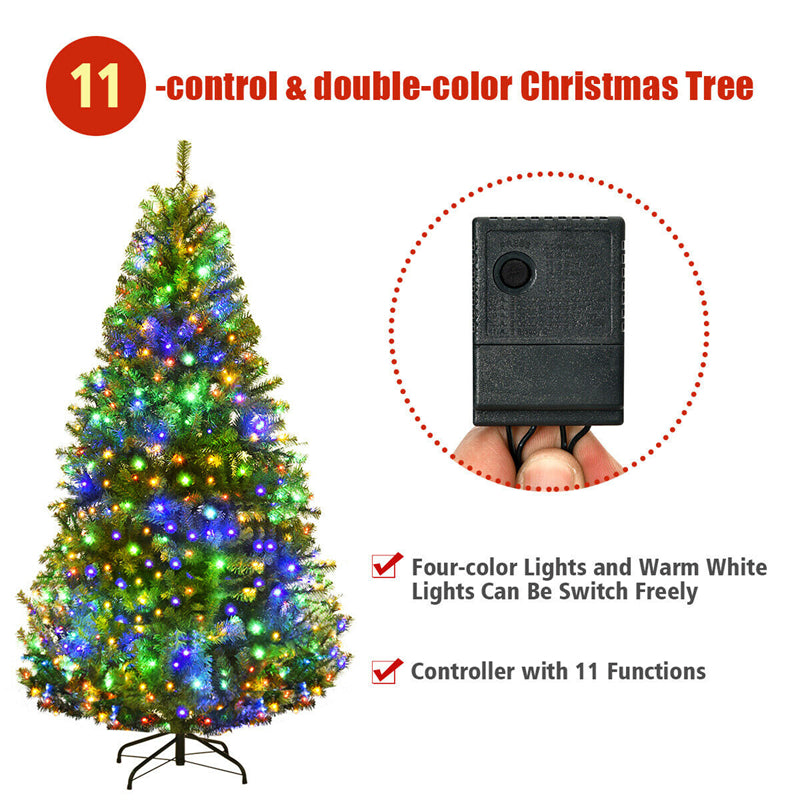 6FT Pre-lit Artificial Christmas Tree Hinged Xmas Tree 1000 PVC Branch with 350 Dual-Colored LED Lights & Metal Stand