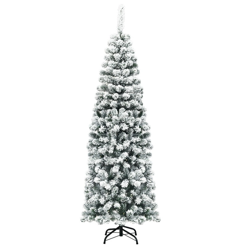 6FT Snow Flocked Pencil Artificial Christmas Tree Unlit Hinged Slim Xmas Tree with 500 Branch Tips, Metal Stand for Outdoor Indoor Decor