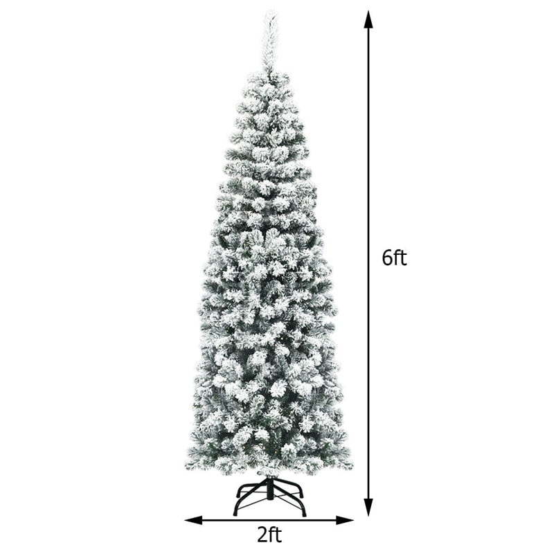 6FT Snow Flocked Pencil Artificial Christmas Tree Unlit Hinged Slim Xmas Tree with 500 Branch Tips, Metal Stand for Outdoor Indoor Decor