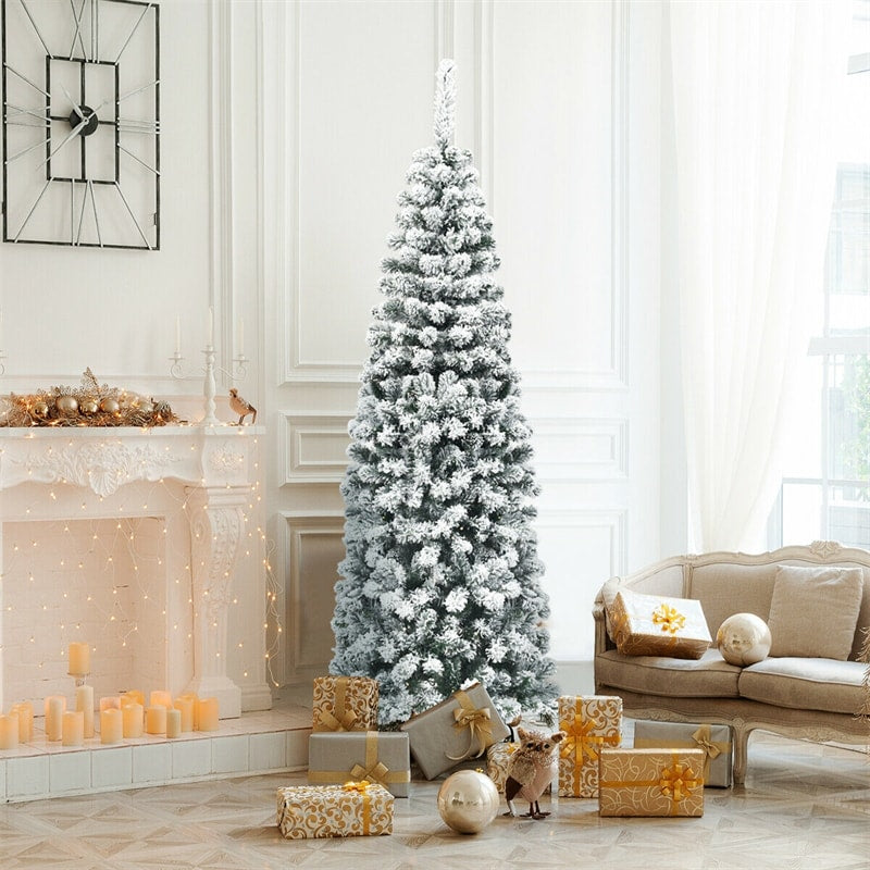 6FT Snow Flocked Pencil Artificial Christmas Tree Unlit Hinged Slim Xmas Tree with 500 Branch Tips, Metal Stand for Outdoor Indoor Decor