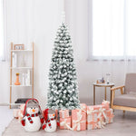 6FT Snow Flocked Pencil Artificial Christmas Tree Unlit Hinged Slim Xmas Tree with 500 Branch Tips, Metal Stand for Outdoor Indoor Decor