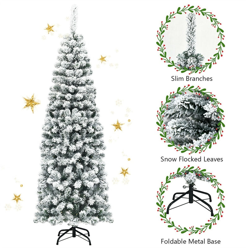 6FT Snow Flocked Pencil Artificial Christmas Tree Unlit Hinged Slim Xmas Tree with 500 Branch Tips, Metal Stand for Outdoor Indoor Decor