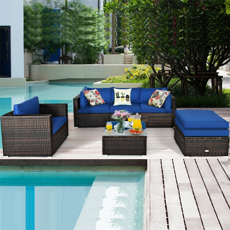 6PCS Rattan Patio Sectional Furniture Set with Glass Side Table, Ottoman & Cushions, Wicker Outdoor Sofa Seating Group for Garden Yard