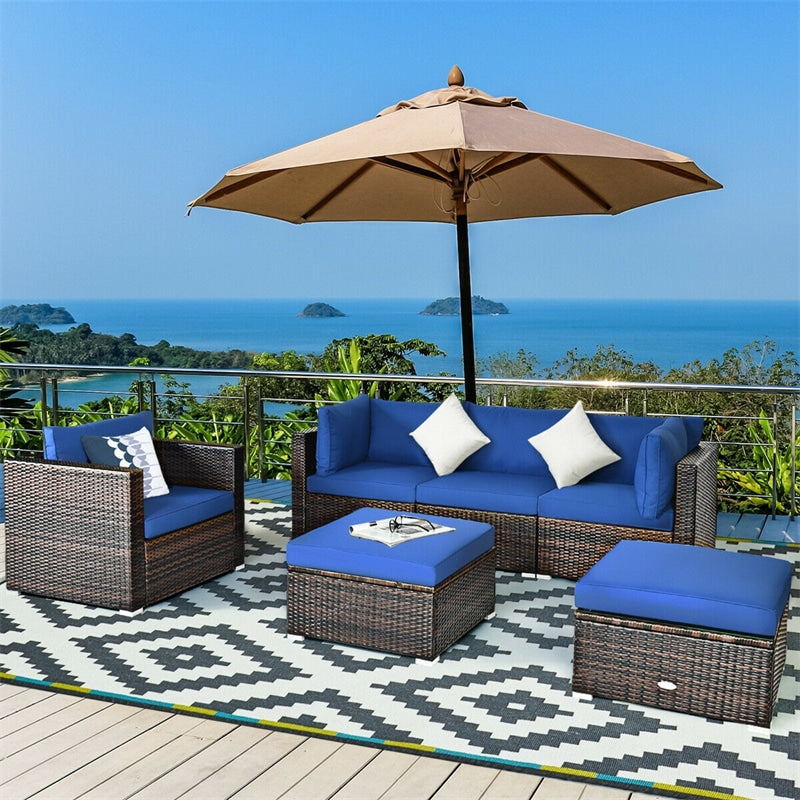 6PCS Rattan Patio Sectional Furniture Set with Glass Side Table, Ottoman & Cushions, Wicker Outdoor Sofa Seating Group for Garden Yard