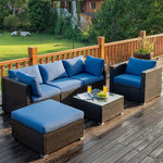 6PCS Rattan Patio Sectional Furniture Set with Glass Side Table, Ottoman & Cushions, Wicker Outdoor Sofa Seating Group for Garden Yard