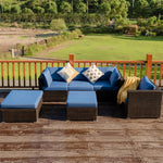 6PCS Rattan Patio Sectional Furniture Set with Glass Side Table, Ottoman & Cushions, Wicker Outdoor Sofa Seating Group for Garden Yard