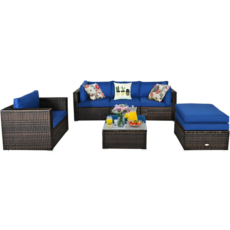 6PCS Rattan Patio Sectional Furniture Set with Glass Side Table, Ottoman & Cushions, Wicker Outdoor Sofa Seating Group for Garden Yard