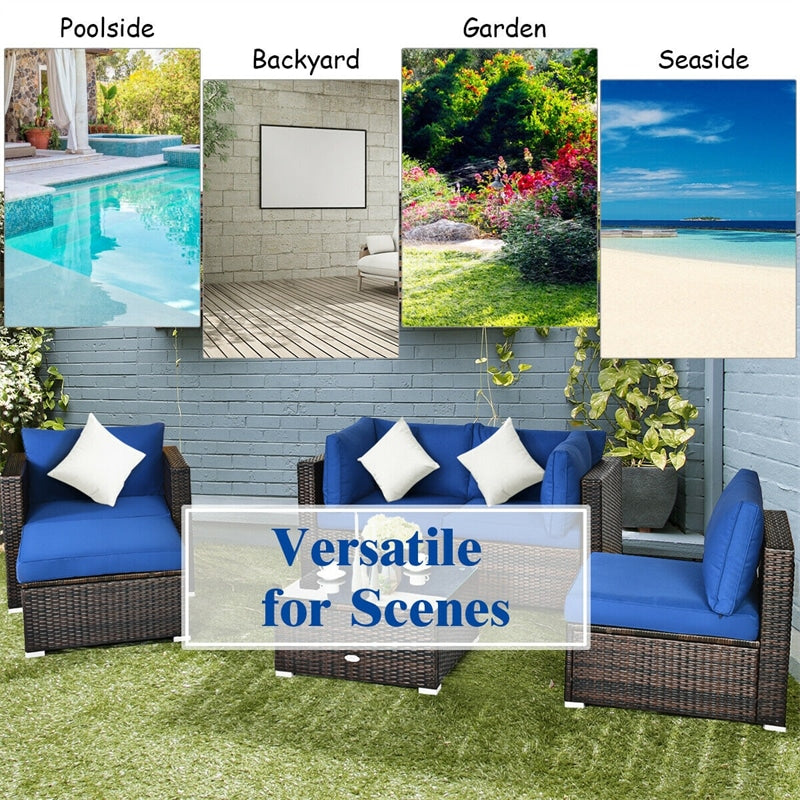 6PCS Rattan Patio Sectional Furniture Set with Glass Side Table, Ottoman & Cushions, Wicker Outdoor Sofa Seating Group for Garden Yard