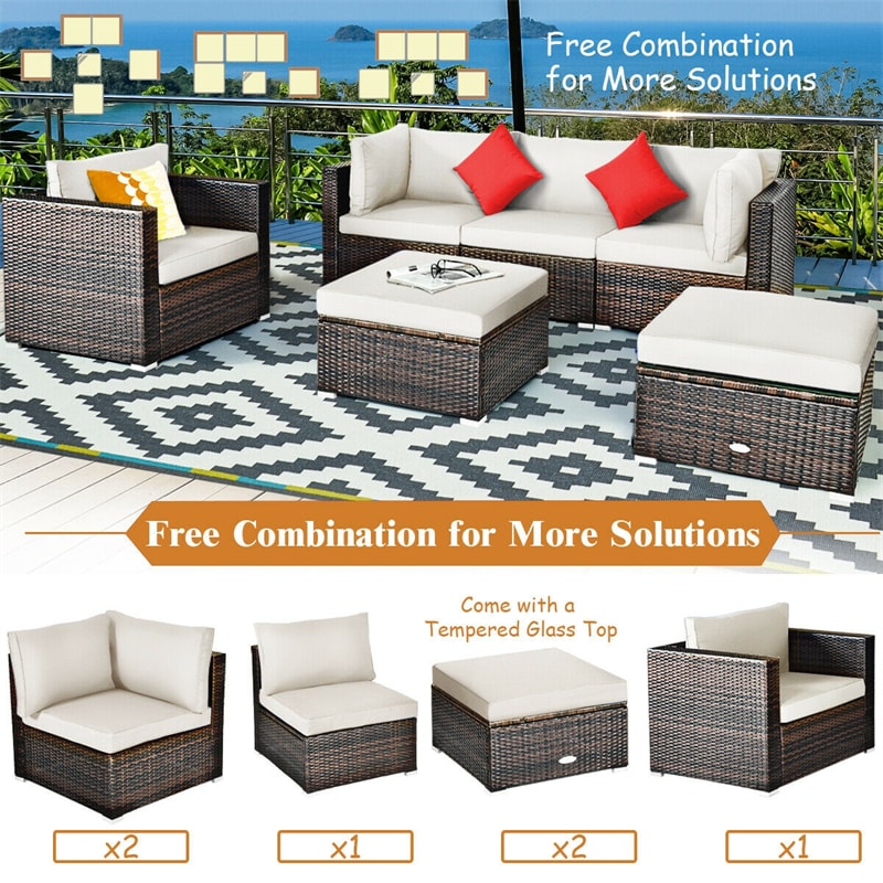 6PCS Rattan Patio Sectional Furniture Set with Glass Side Table, Ottoman & Cushions, Wicker Outdoor Sofa Seating Group for Garden Yard