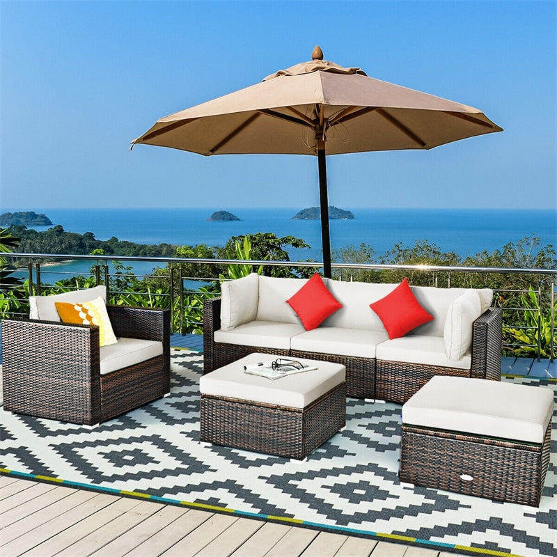 6PCS Rattan Patio Sectional Furniture Set with Glass Side Table, Ottoman & Cushions, Wicker Outdoor Sofa Seating Group for Garden Yard