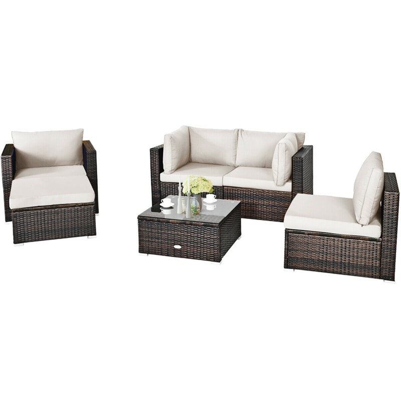 6PCS Rattan Patio Sectional Furniture Set with Glass Side Table, Ottoman & Cushions, Wicker Outdoor Sofa Seating Group for Garden Yard