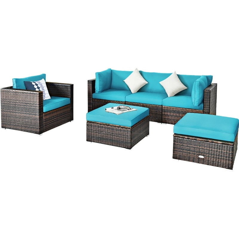 6PCS Rattan Patio Sectional Furniture Set with Glass Side Table, Ottoman & Cushions, Wicker Outdoor Sofa Seating Group for Garden Yard