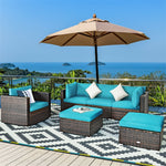 6PCS Rattan Patio Sectional Furniture Set with Glass Side Table, Ottoman & Cushions, Wicker Outdoor Sofa Seating Group for Garden Yard