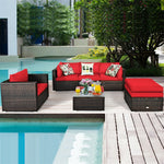 6PCS Rattan Patio Sectional Furniture Set with Glass Side Table, Ottoman & Cushions, Wicker Outdoor Sofa Seating Group for Garden Yard