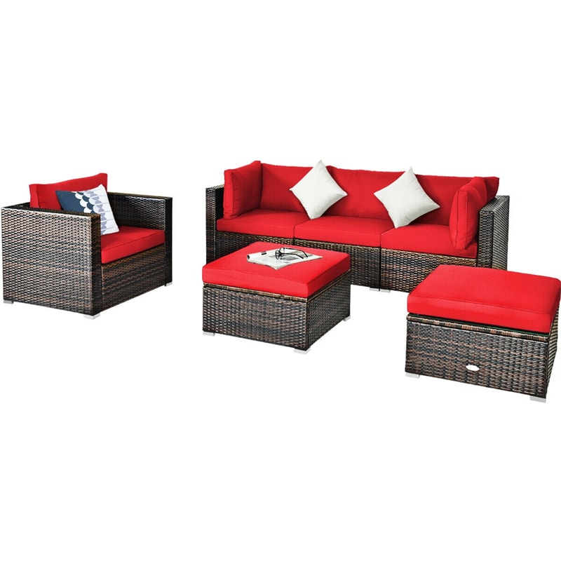 6PCS Rattan Patio Sectional Furniture Set with Glass Side Table, Ottoman & Cushions, Wicker Outdoor Sofa Seating Group for Garden Yard