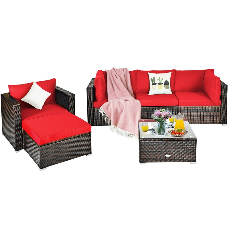 6PCS Rattan Patio Sectional Furniture Set with Glass Side Table, Ottoman & Cushions, Wicker Outdoor Sofa Seating Group for Garden Yard