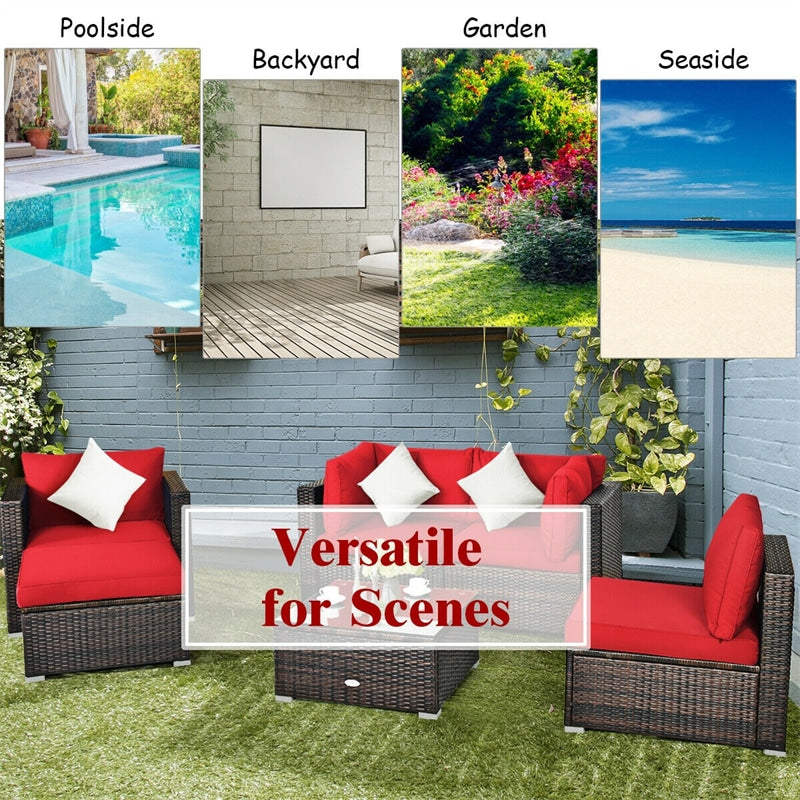 6PCS Rattan Patio Sectional Furniture Set with Glass Side Table, Ottoman & Cushions, Wicker Outdoor Sofa Seating Group for Garden Yard