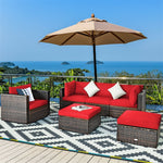 6PCS Rattan Patio Sectional Furniture Set with Glass Side Table, Ottoman & Cushions, Wicker Outdoor Sofa Seating Group for Garden Yard