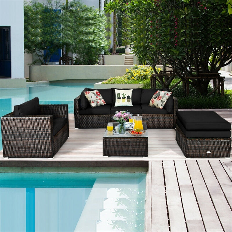 6PCS Rattan Patio Sectional Furniture Set with Glass Side Table, Ottoman & Cushions, Wicker Outdoor Sofa Seating Group for Garden Yard