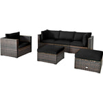 6PCS Rattan Patio Sectional Furniture Set with Glass Side Table, Ottoman & Cushions, Wicker Outdoor Sofa Seating Group for Garden Yard